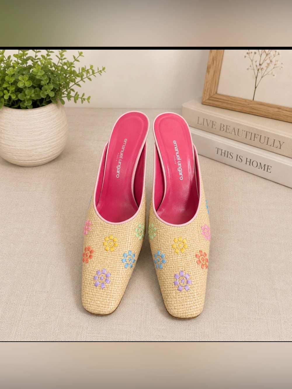 Emanuel Ungaro Paris size 9N floral raffia mules slipon